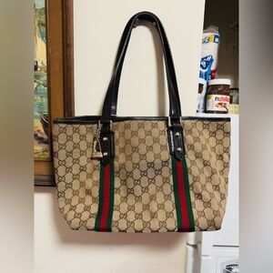 Gucci Beige Tote with Black handles and Green-Red Stripes